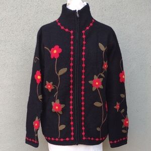 Vintage Floral Embroidered Black Wool Jacket XL